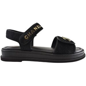 Chanel 24B Black Calf Hair Gold CC Logo Mule Slide Strap Flat Teva Dad Sandal 41